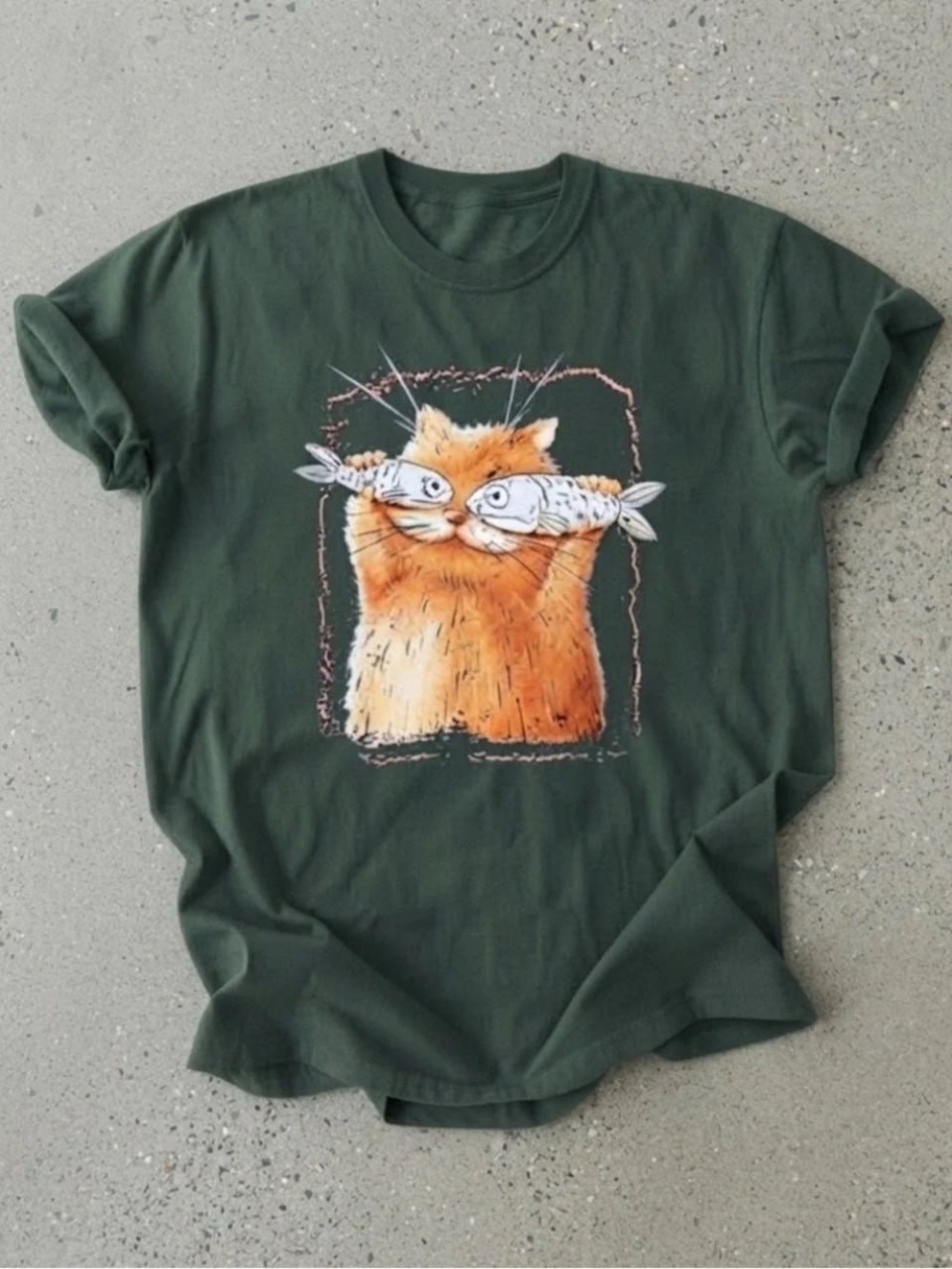 Gildan Dark Green Tee with Orange Cat & White Fish Graphic
